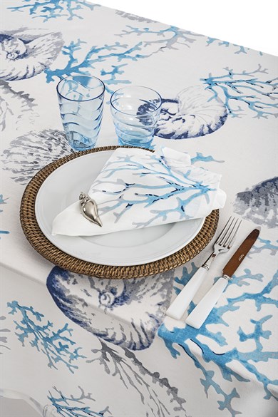turkuaz rengi  deniz kabuğu desenli masa örtüsü 